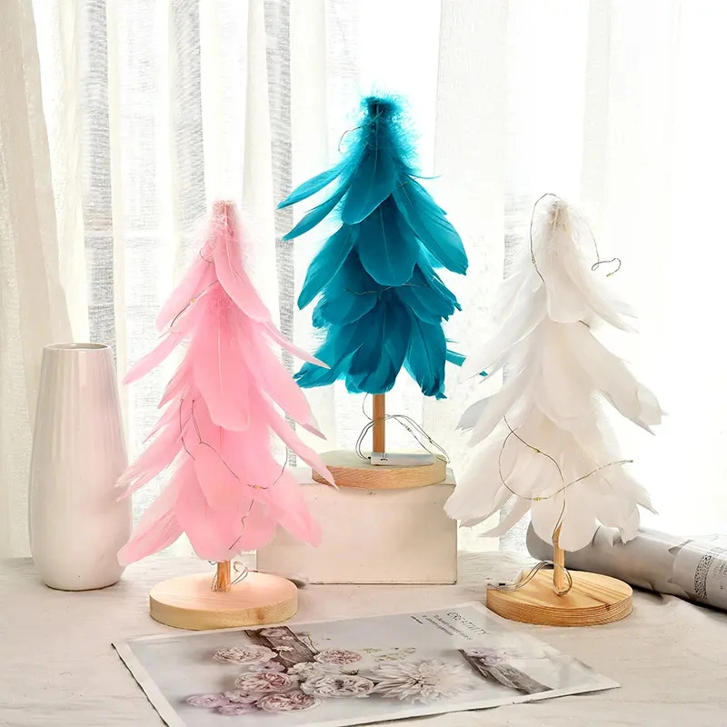 Prelit Tabletop Christmas Tree Wooden Miniature Christmas Feather Tree Warm LED Lights for Home and Office Christmas Decoration