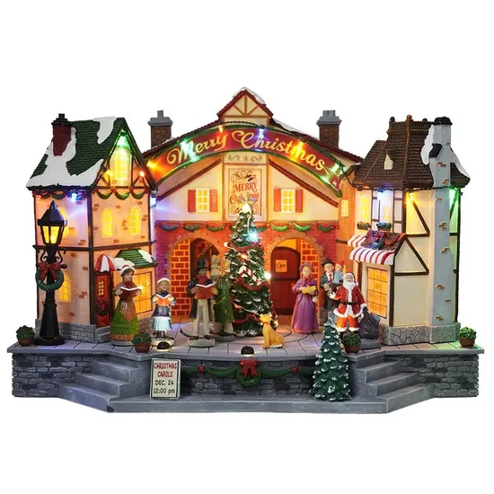 Ornement en polyrésine blanc chaud, petite maison éclairée par LED de Noël avec personnages