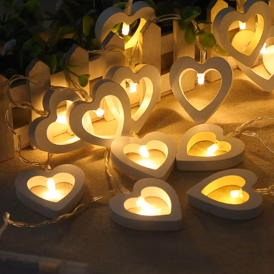 Guirlande lumineuse LED en forme de cœur en bois, décoration de fête de noël