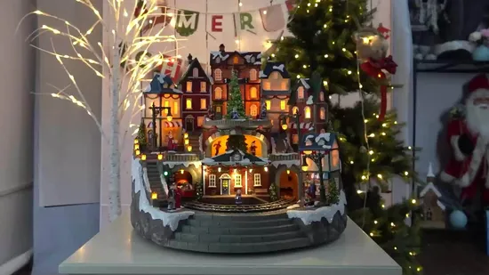 Scène de noël de Ski pour enfants de montagne, maison de Village de noël animée en polyrésine à Fiber optique éclairée par LED pour ornement de vacances