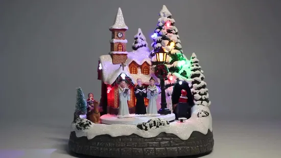 Maison verte de noël en plastique, musique LED, ornement de Village avec arbre rotatif